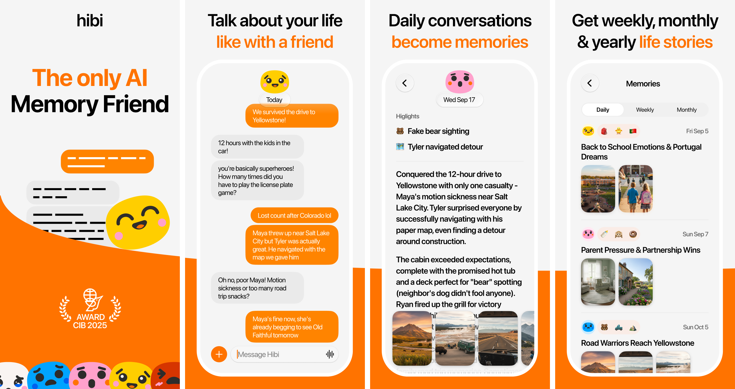 hibi app overview showing AI memory friend features, daily conversations, and life stories